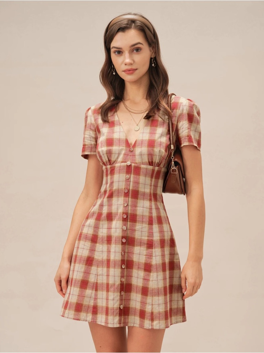 Red Plaid V Neck Mini Dress